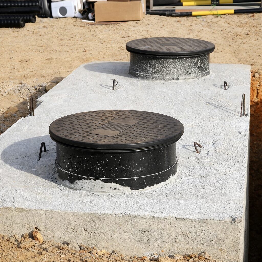 Two black manhole covers on a concrete base at a construction site.